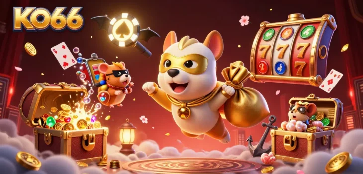 Experience thrilling wins with KO66 in this colorful casino-themed illustration featuring vibrant game elements.
