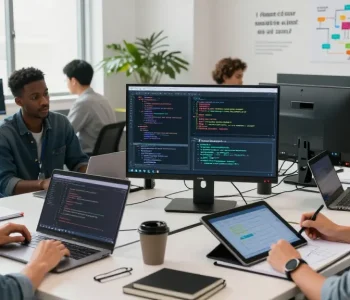 Team collaboration to build internal tools with AI in a modern workspace.