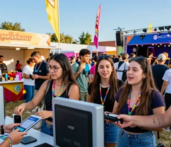 Attendees using pulseras NFC para eventos for seamless entry and payments at a vibrant festival.