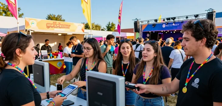Attendees using pulseras NFC para eventos for seamless entry and payments at a vibrant festival.