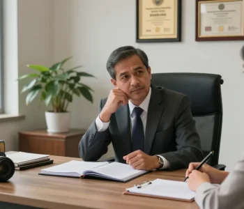 Lawyer consulting with a client, my explanation of legal services in a professional office setting.