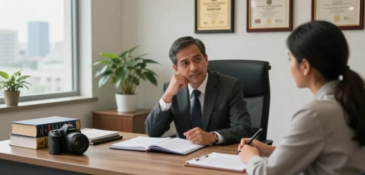 Lawyer consulting with a client, my explanation of legal services in a professional office setting.