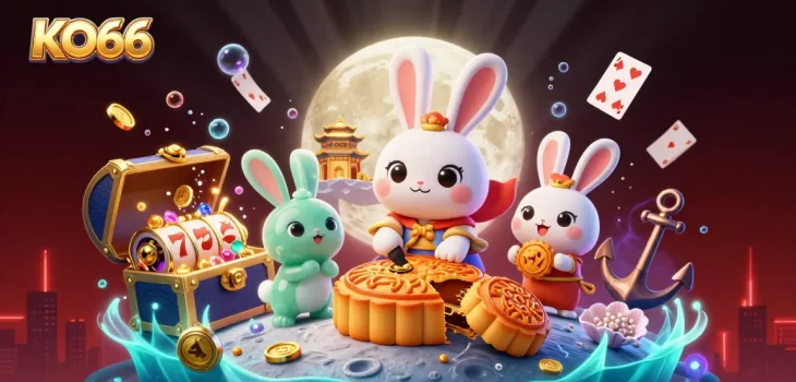 Engage with KO66's captivating 3D illustration showcasing vibrant casino elements and a playful theme.