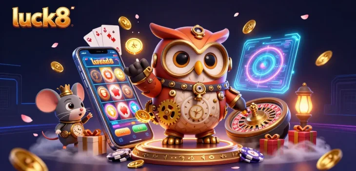 Luck8 features a whimsical time-traveler owl surrounded by casino elements and games.
