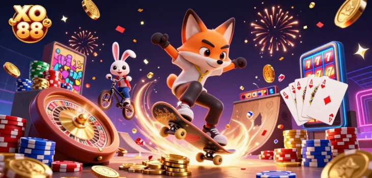 Experience the thrill of XO 88 with vibrant characters showcasing exciting casino elements.