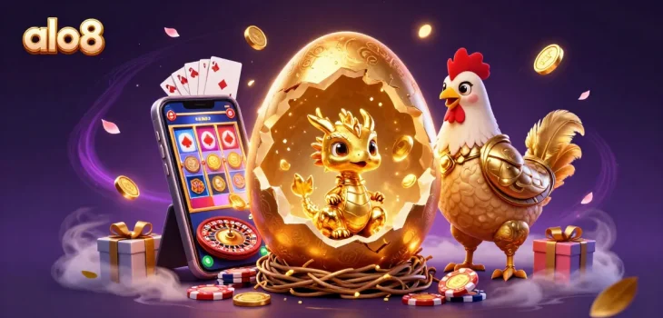 Play exciting games at alo8, featuring a golden dragon, poker chips, and rich casino gaming elements.